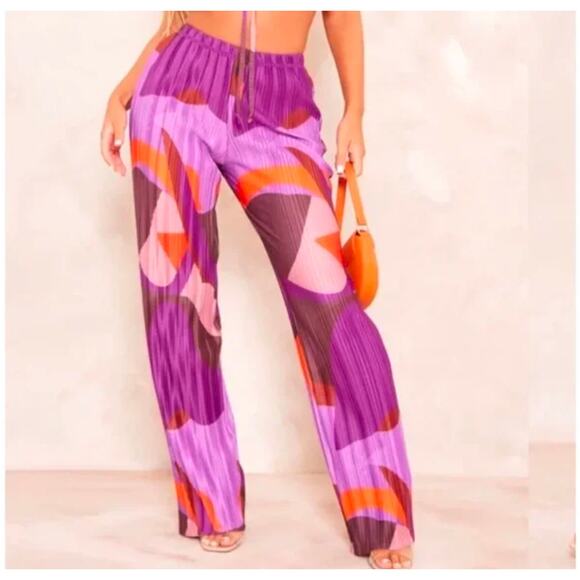 PrettyLittleThing Pink Print Plisse High Waist Wide Leg Trousers US Size 8 NWT - Picture 1 of 5